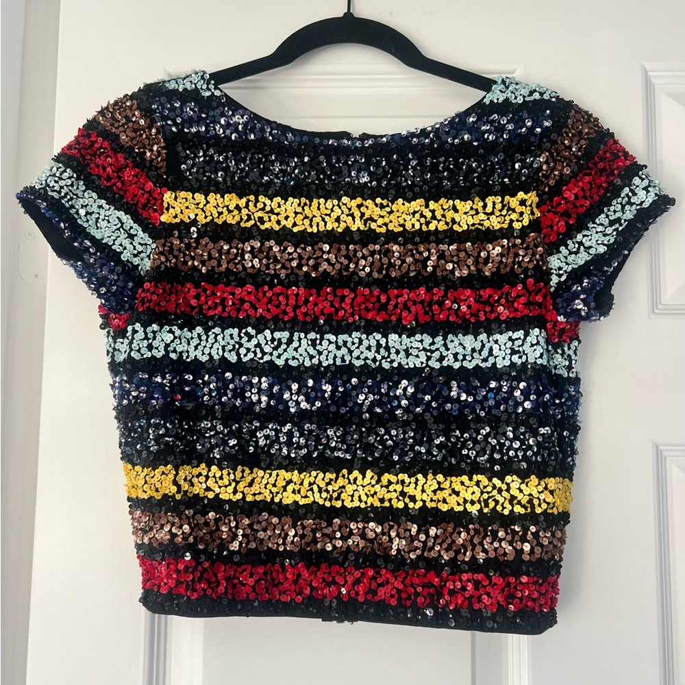 Alice + Olivia Sequin Striped Crop Top - Red, Blue, Yellow, Brown
